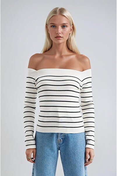 Lijuri Striped madonna collar basic sweater 1397