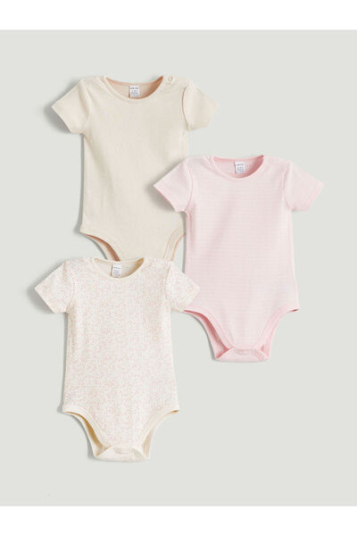 LC Waikiki Ecru Crew Neck Baby Girl Snap Fastener Bodysuit 3-Piece