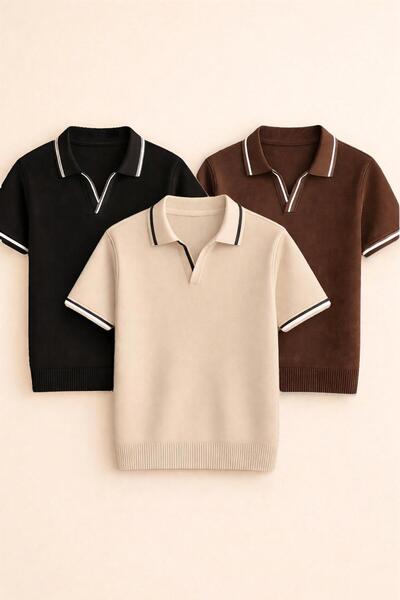 pepule Πλεκτό μπλουζάκι 3 τεμαχίων Premium με λεπτομέρεια στο γιακά