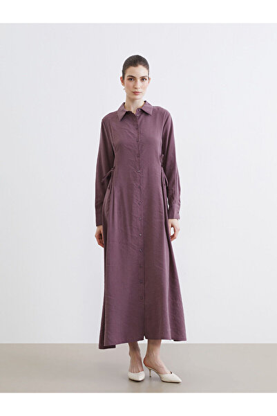 LC Waikiki فستان قميص وردي مربوط عند الخصر من مزيج المودال