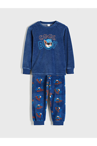LC Waikiki Blue crew neck velvet boys' pajama set