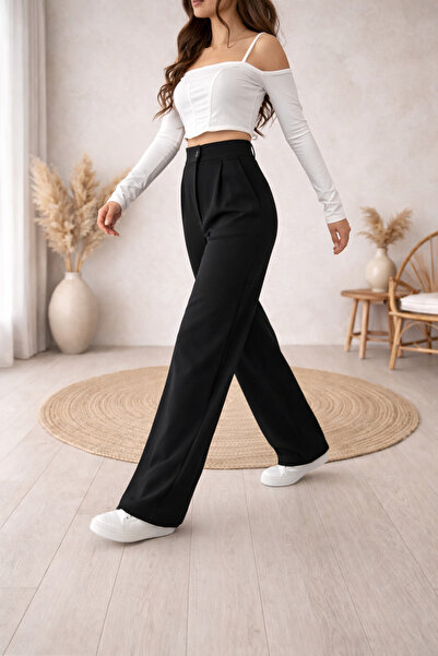 Lighter Jeans Kadın Yüksek Bel Bol Paça Siyah Kumaş Pantolon Palazzo Wide Leg