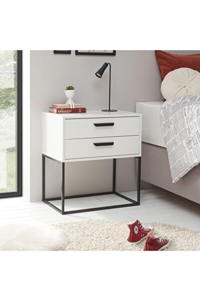 Generic Modern white nightstand with two drawers and a black metal base
