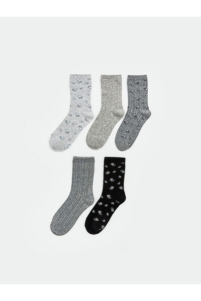 LC Waikiki مجموعة ميرال جوارب نسائية رمادية مزهرة، عبوة من 5 قطع