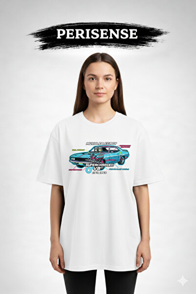 PERISENSE Unisex American Muscle Car Blueprint Printed Premium Combed Oversiz...
