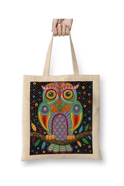 Toyaso Owl Colorful White Cloth Bag Long Handle Shopping Bag Beach Bag