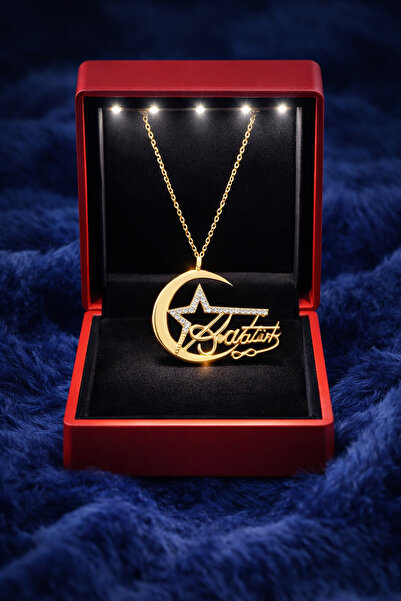 KAR DİAMOND 14 Ayar Altın Zincirli Ay Yıldız Atatürk İmzası Kolye Işıklı Hedi...