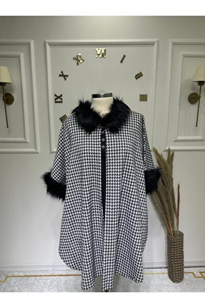ModaMinar Yakası ve Kolları Kürk Detaylı Kazayağı Desenli Kadın Panço