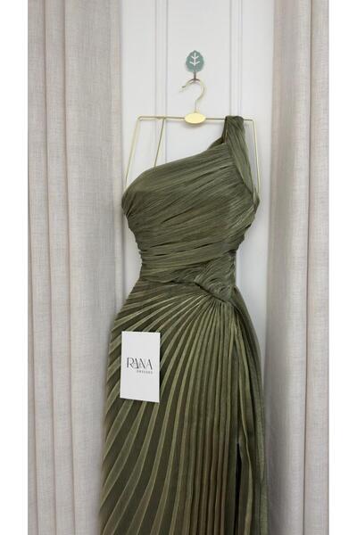 RANA DRESSES Elegant pleated dress in olive green