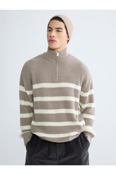 LC Waikiki Özmarka New Season Zippered Mock Neck Striped Men's Knitwear Sweater