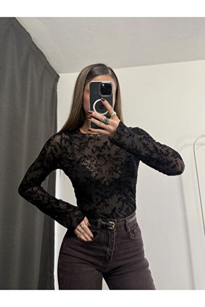 Lovely butik Women's Black Patterned Sheer Tulle Blouse - Long Sleeve Lace De...