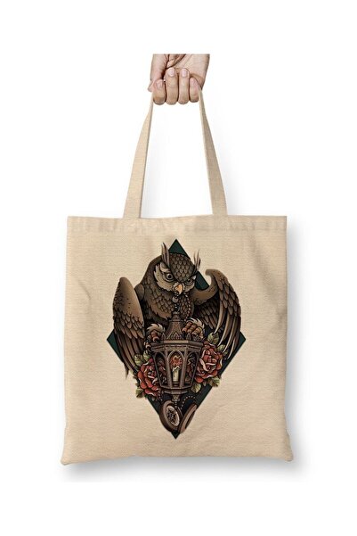 Toyaso Цветна чанта с бухалка от бял канвас с дълги дръжки, чанта за пазарува...