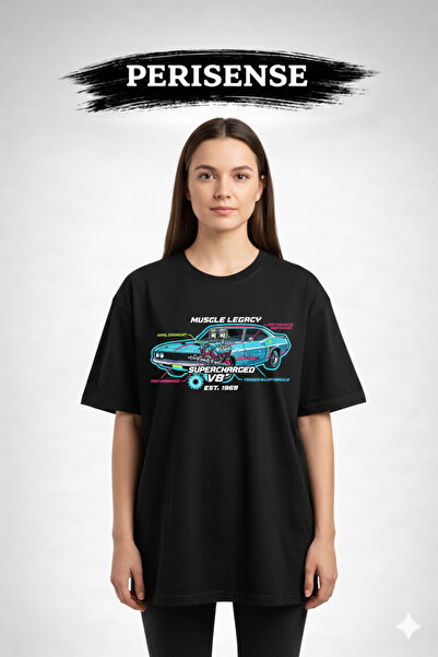 PERISENSE Unisex American Muscle Car Blueprint Printed Premium Combed Oversiz...