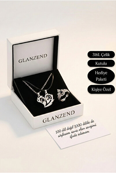 GLANZEND 100 Dilde Seni Seviyorum Kalp Çift Kolye Ve Yüzük Seti 14 Şubat Sevg...