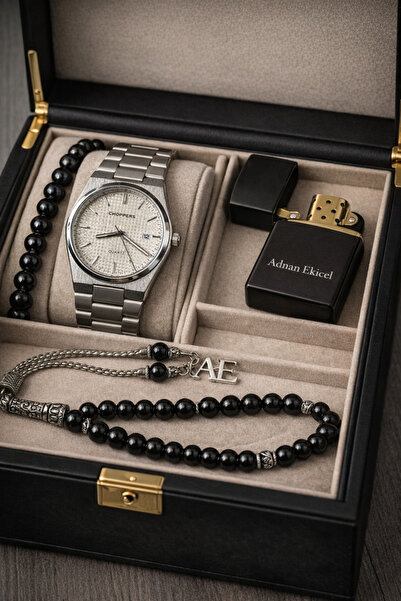 pierrose Gümüş Çelik Beyaz Kadran Su Geçirmez Metal Erkek Kol Saati Çakmak Te...