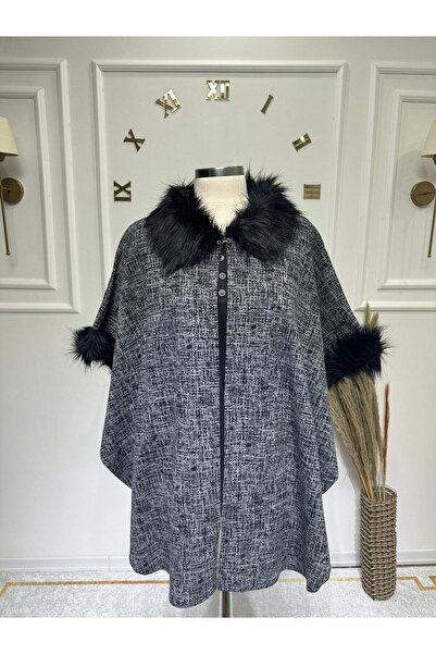 ModaMinar Yakası ve Kolları Kürk Detaylı Düz Çizgili Kadın Panço