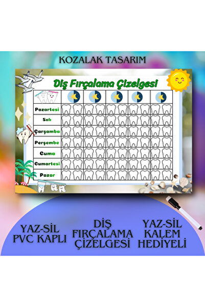 Kozalak Tasarım Tooth Brushing Chart Write-Erase Table Pvc Coated Durable Wri...