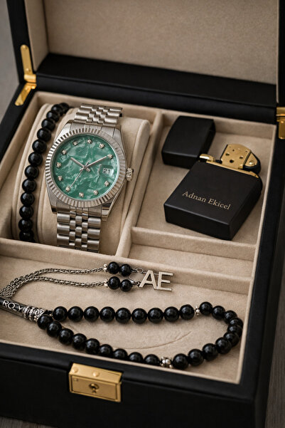 pierrose Gümüş Çelik Yeşil Kadran Su Geçirmez Metal Erkek Kol Saati Çakmak Te...