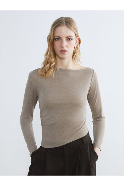 LC Waikiki Bej Kayık Yaka Büzgülü Kadın Body