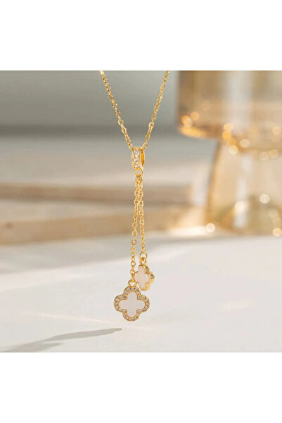 naaksesuar Çelik Gold Renkli Charmlı Yonca Kolye