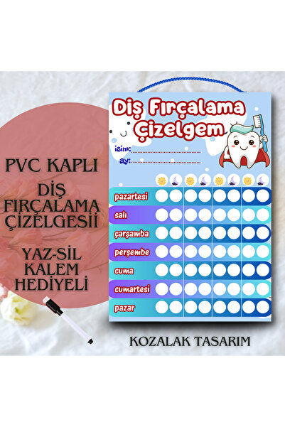 Kozalak Tasarım Tooth Brushing Chart Write-Erase Table Pvc Coated Durable Wri...