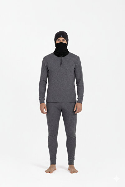 OIL COMPANY Unisex Comfortable Anthracite Cotton Thermal Underwear Set Fleece...