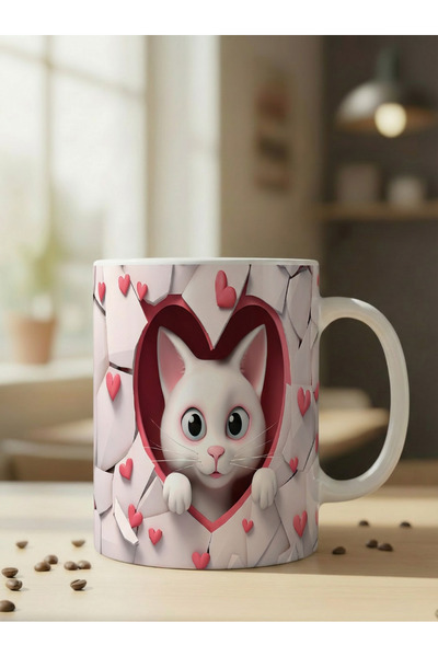 NİVRA GRUP Sevimli Kalp'li Kedi Temalı 3D Baskılı Porselen Kupa Bardak