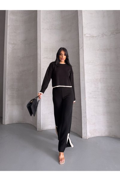 MODA Women's Crew Neck Crop Sweater Slit Pants Knitwear Bottom-Top Set