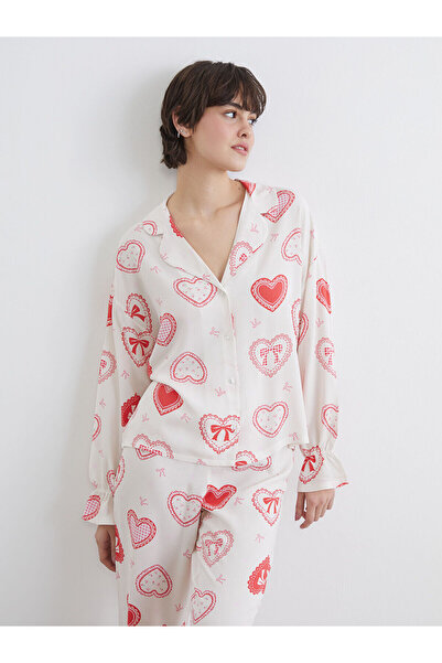 LC Waikiki Peak New Season Shirt Collar Heart Printed Women's Pajama Set