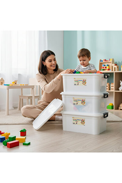biedda Oyuncak Saklama Kutusu , 30 litre Çok Amaçlı Organizer Beyaz Kilitli P...