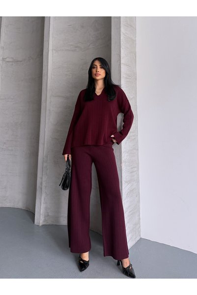 MODA Women's Polo Neck Corded Fabric Bottom-Top Knitwear Set
