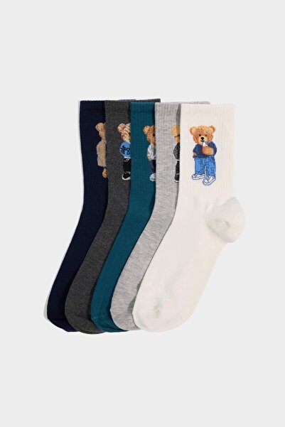 DeFacto Men's Bear Printed 5-Pack Cotton Long Socks G7539Axns