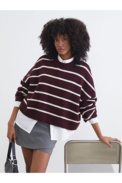 LC Waikiki Peak Yeni Sezon Bisiklet Yaka Çizgili Oversize Kadın Triko Kazak