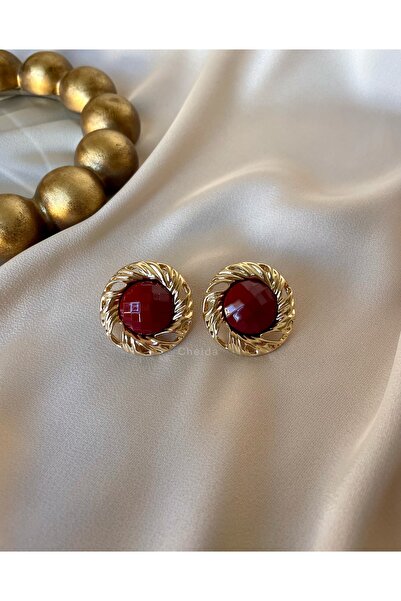 cheida Vintage Gold Çerçeveli Bordo Taş Küpe