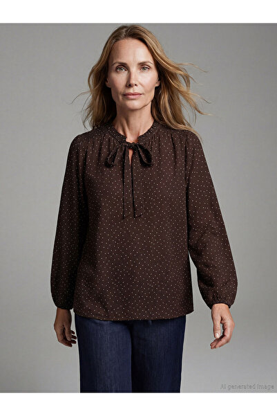 LC Waikiki Brown Tie-Neck Polka Dot Blouse