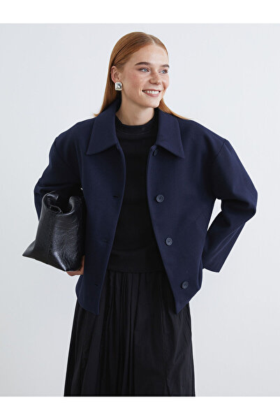 LC Waikiki Navy Blue Shirt Collar Oversized Women's Cashmere Coat