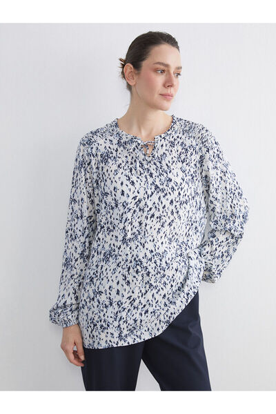 LC Waikiki Ecru Tie-Neck Patterned Blouse from Plus-Store