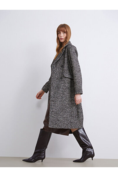 LC Waikiki Jacket Collar Herringbone Patterned Women's Cashmere Coat