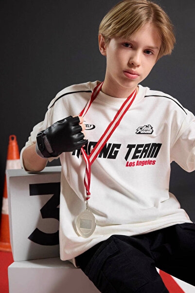 DeFacto Bisiklet Yaka Baskılı Kırık Beyaz Erkek Çocuk Sweatshirt F1963A8/WT32