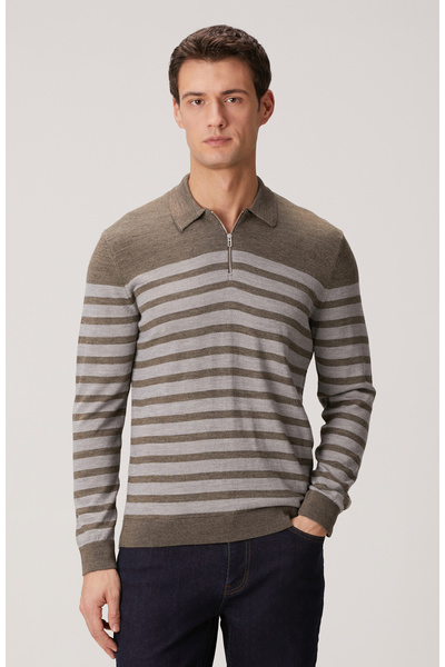 Network Kahverengi Çizgili Triko Kazak