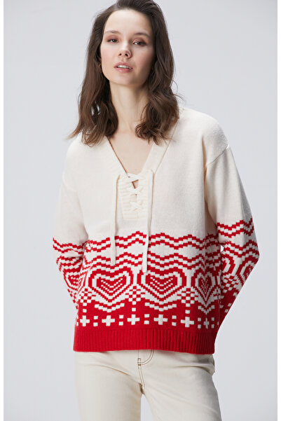 Network Kırık Beyaz Desenli Yün Karışımlı Triko Kazak