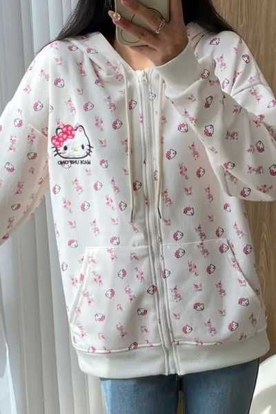 İlayda Toprak Beyaz Hello Kitty Detail Collage Fermuarlı Kapüşonlu Sweatshirt