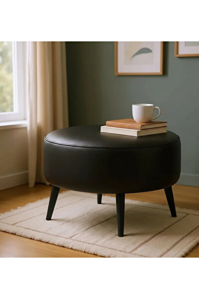 WATERYBROOK Suni Deri Puf Large - Siyah Ahşap Ayaklı - Retro Modern Tasarım -...