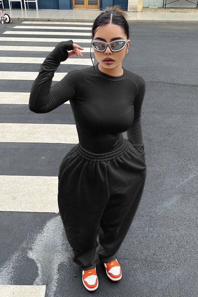 İlayda Toprak Bisiklet Yaka Basic Uzun Kollu Siyah Zıbın Bluz