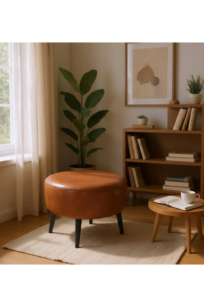 WATERYBROOK Suni Deri Puf Large - Siyah Ahşap Ayaklı - Retro Modern Tasarım -...