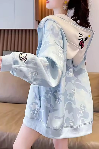 İlayda Toprak Mavi Hello Kitty Unisex Hoodie Fermuarlı Uzun Kollu Hırka