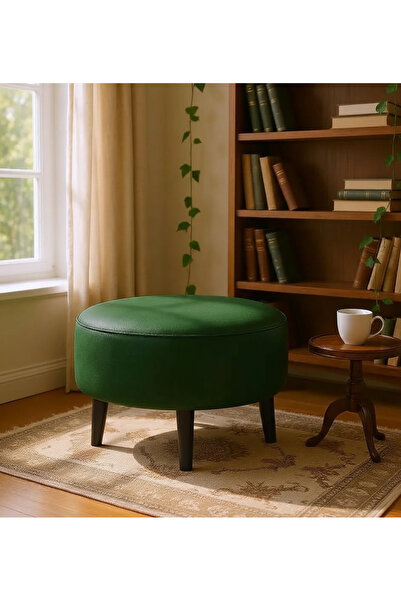 WATERYBROOK Suni Deri Puf Large - Siyah Ahşap Ayaklı - Retro Modern Tasarım -...