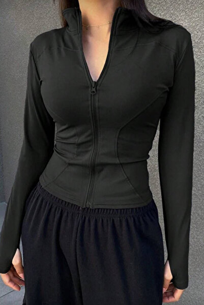 İlayda Toprak Μαύρη αθλητική μπλούζα Benz με μακριά μανίκια και φερμουάρ