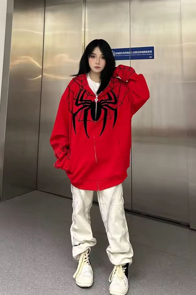 İlayda Toprak Full Zip Streetwear Spider Oversize Fermuarlı Kırmızı Unisex Ka...
