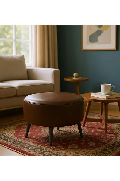 WATERYBROOK Suni Deri Puf Large - Siyah Ahşap Ayaklı - Retro Modern Tasarım -...